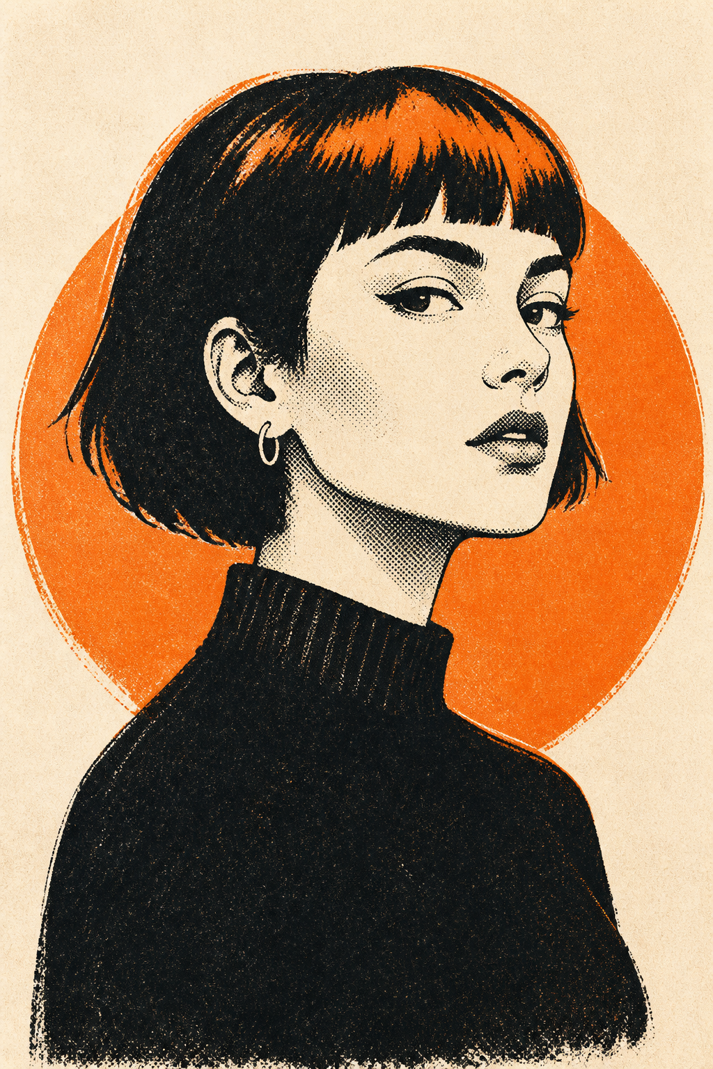 Illustrated portrait of Léa, an invented artist. Generated artwork, not a real person.